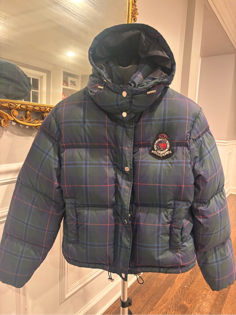 Women’s Plaid Puffer Jacket with Hood - Green/Blue -Small